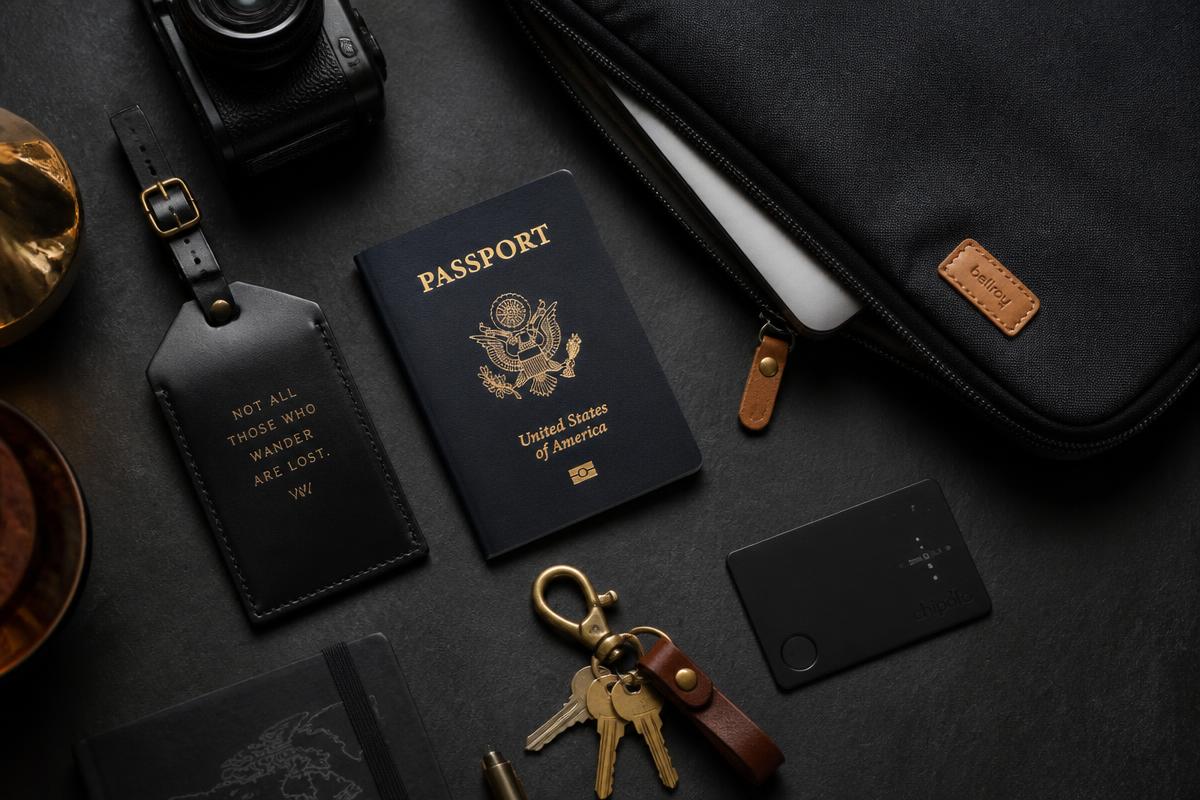Passport, keys, luggage tag and laptop sleeve with an Ondrela tracker card